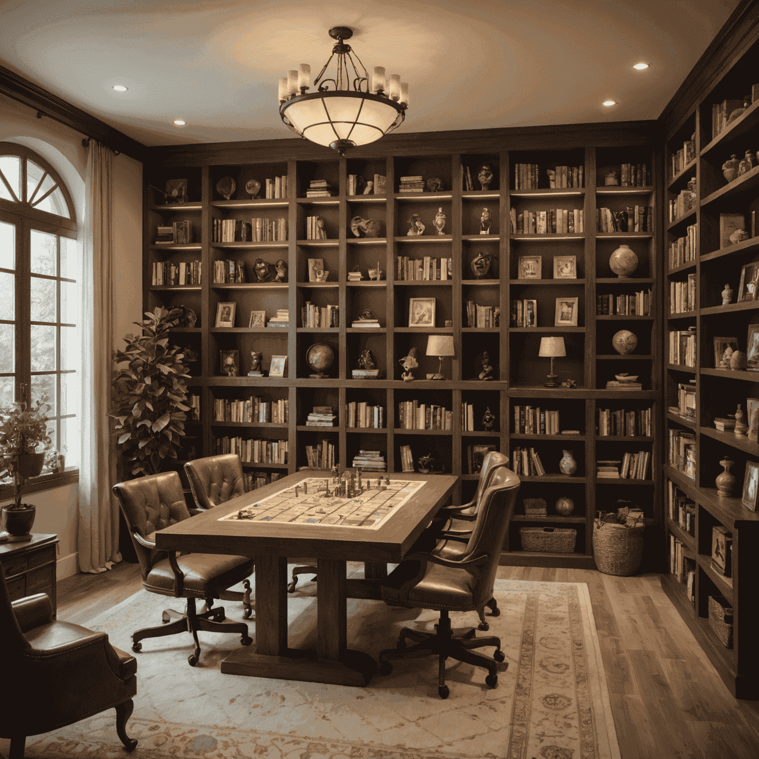 Image d'un bureau élégant avec des étagères remplies de jeux de société. Une grande table au centre est prête pour une partie de jeu, avec des chaises confortables autour. L'ambiance est chaleureuse avec un éclairage tamisé et des décorations sur le thème du jeu.