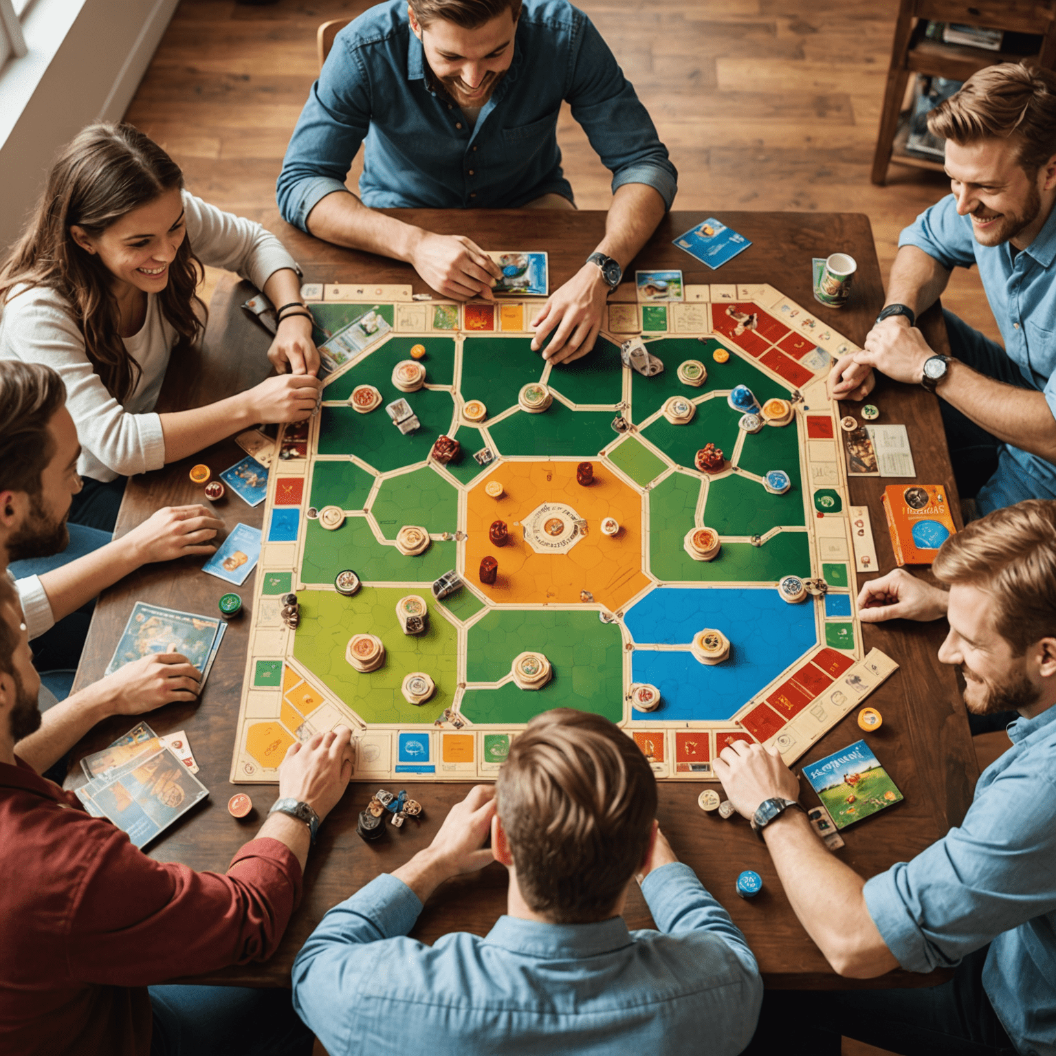 Une table avec divers jeux de société populaires comme Catan, Ticket to Ride, et Codenames, entourée d'amis souriants