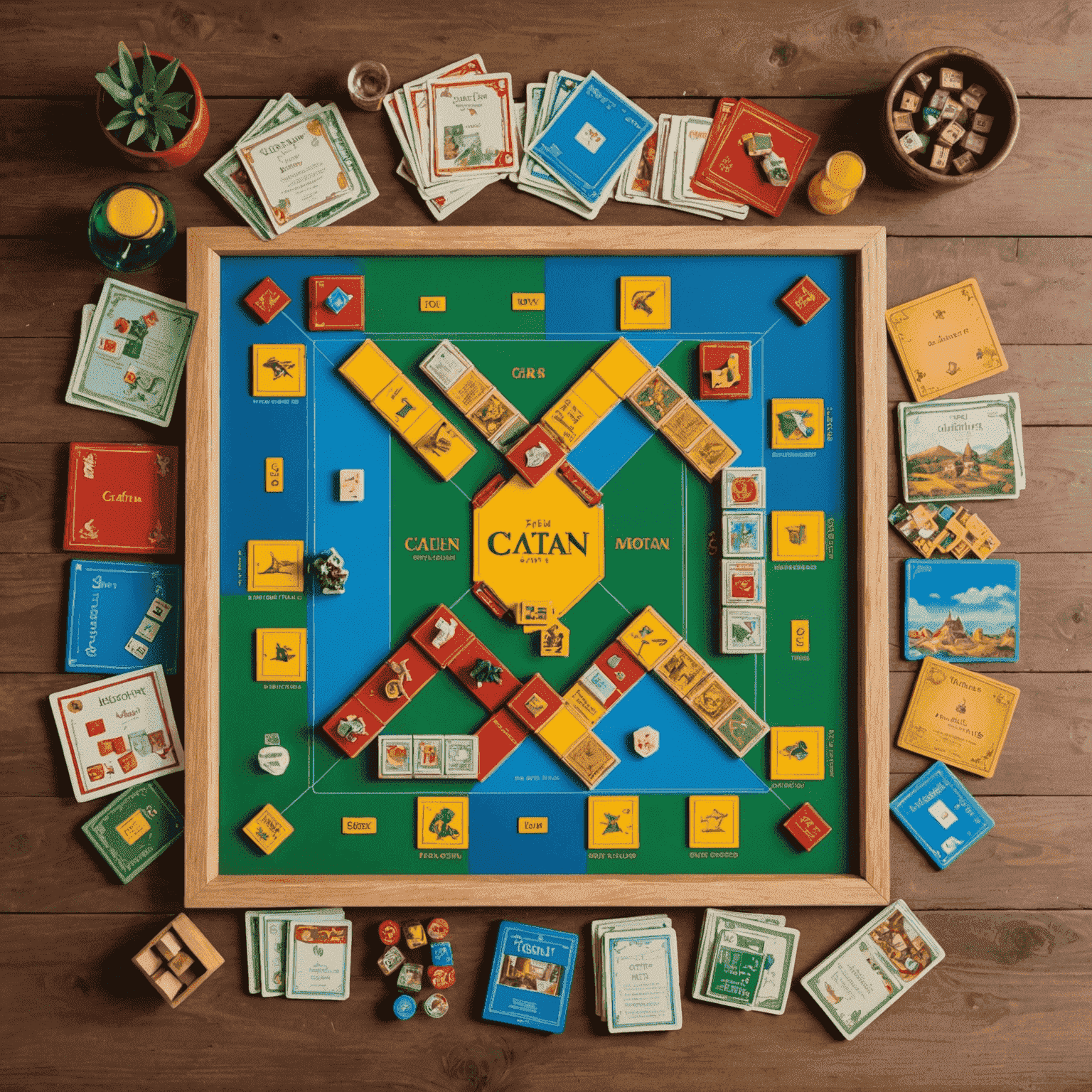 Une table avec divers jeux de société populaires, notamment Catan, Monopoly et Scrabble, disposés de manière attrayante