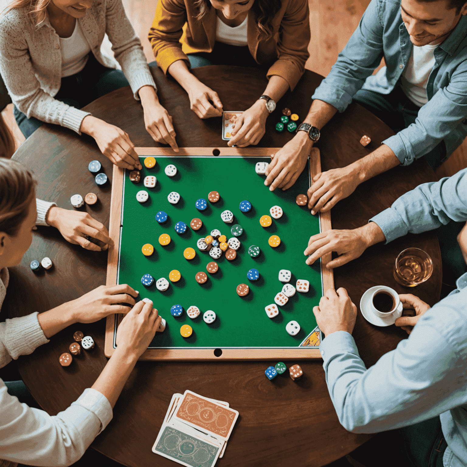 Un groupe d'amis jouant à un jeu de société autour d'une table élégante. On peut voir des pions colorés, des dés et des cartes éparpillés sur le plateau de jeu.