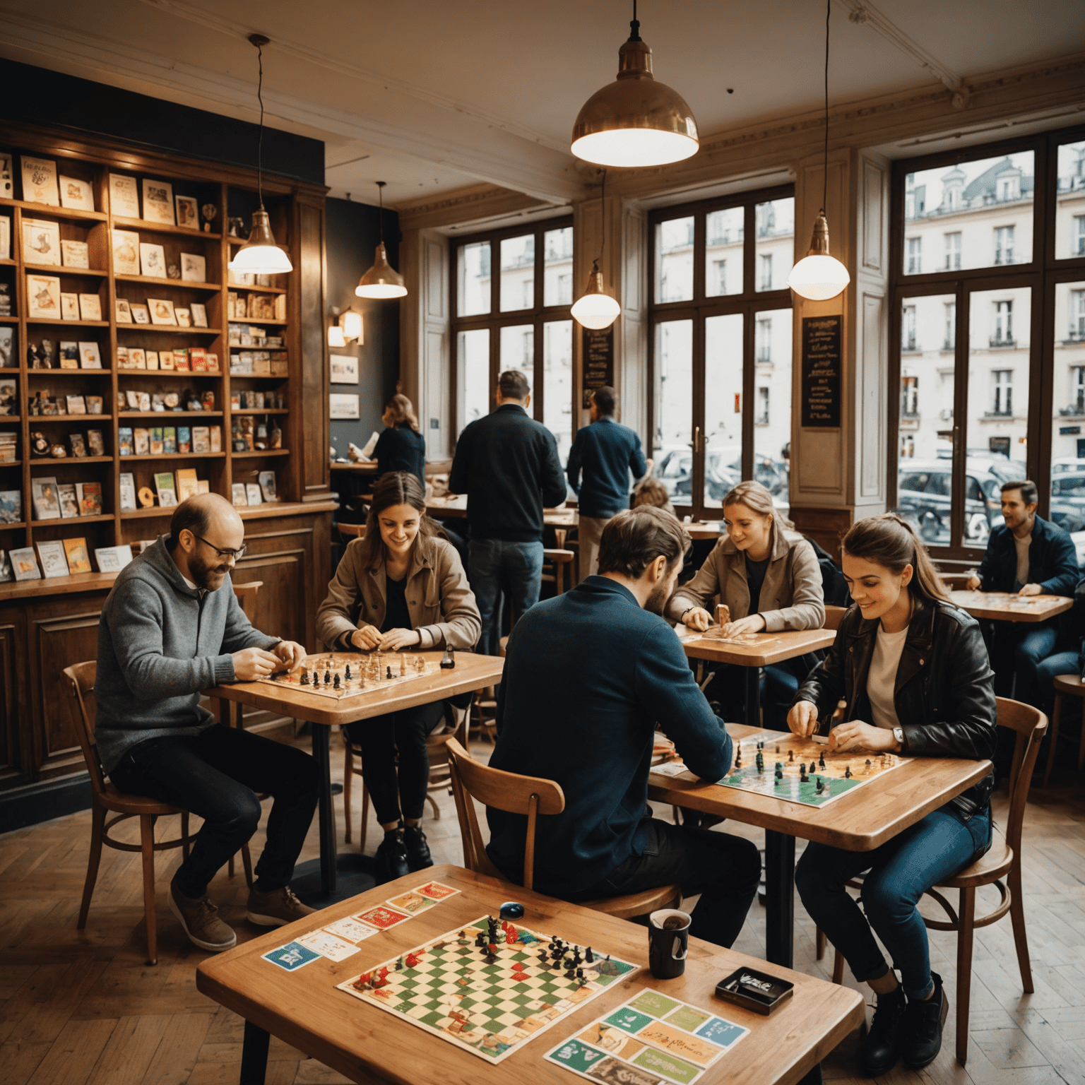 Un café jeux de société parisien animé avec des clients jouant à divers jeux de plateau autour de tables en bois