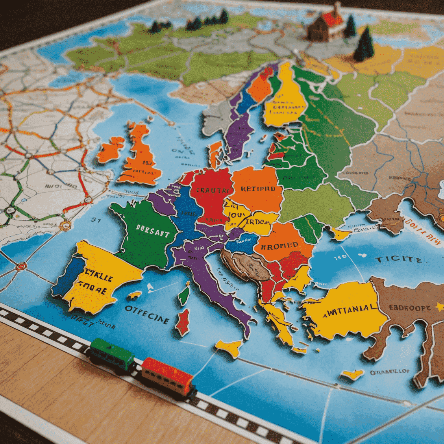 Une partie de Ticket to Ride en cours, montrant un plateau coloré représentant une carte de l'Europe avec des trains miniatures de différentes couleurs.