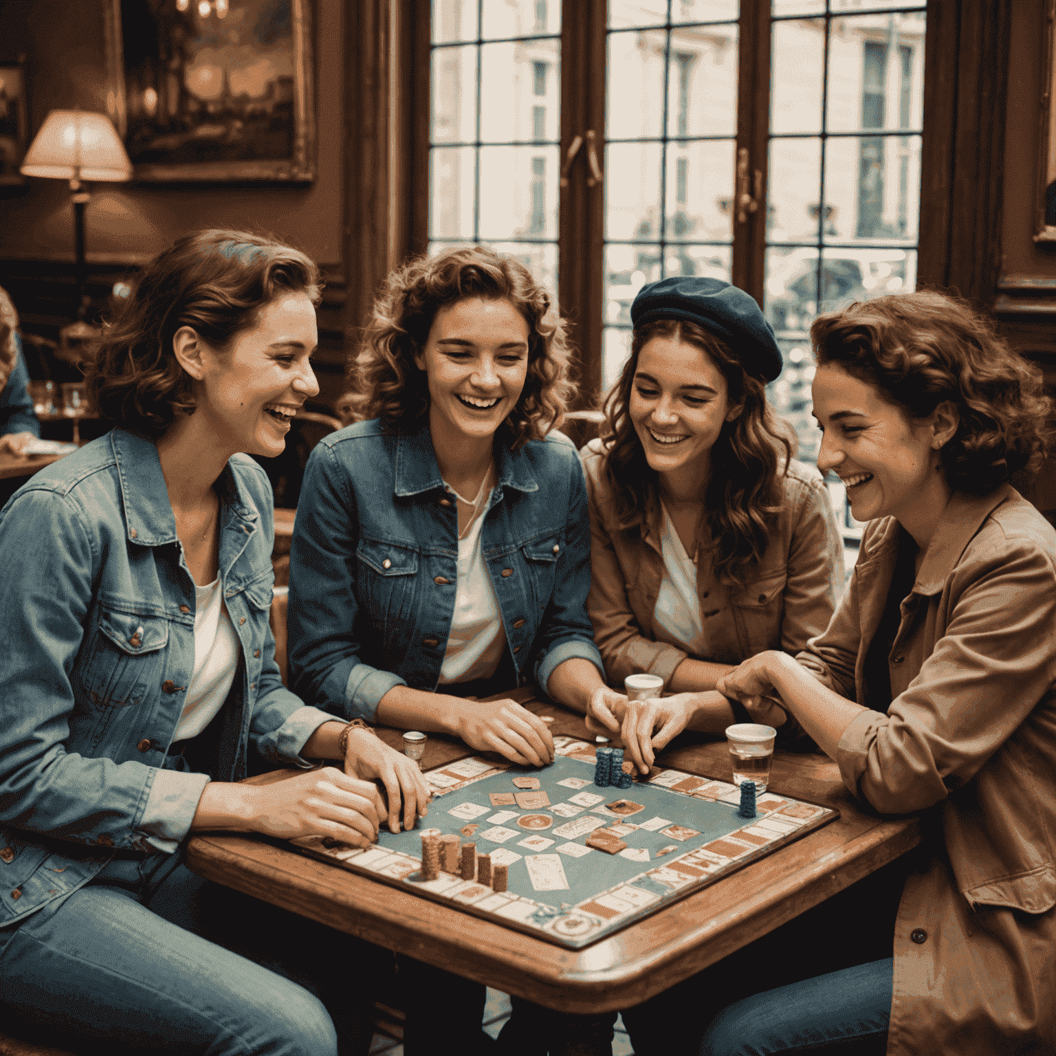 Un groupe d'amis riant et jouant à un jeu de société dans un café parisien décoré de manière vintage