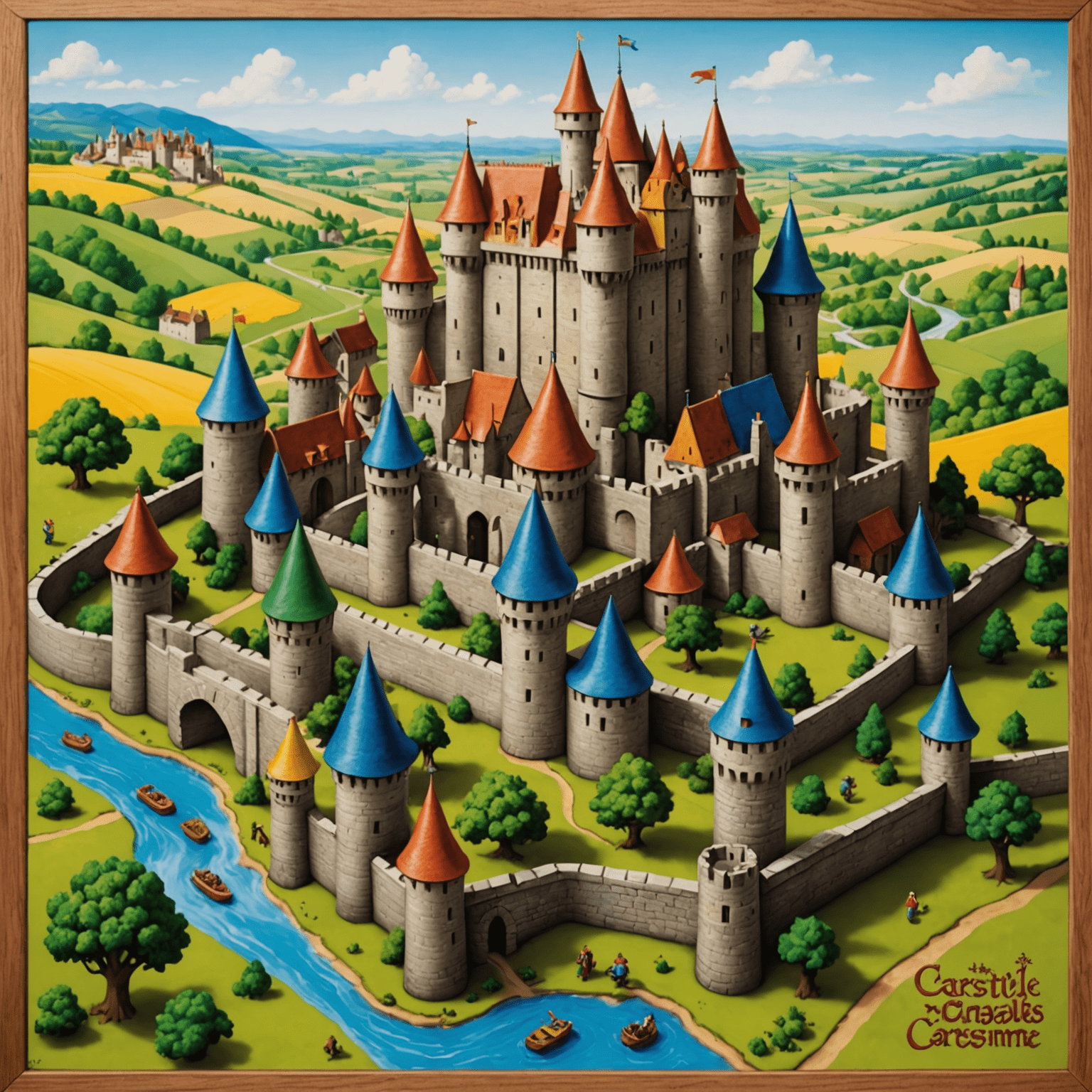 Un plateau de Carcassonne en pleine expansion, avec des tuiles représentant des châteaux, des routes et des champs, ainsi que des meeples colorés placés stratégiquement.