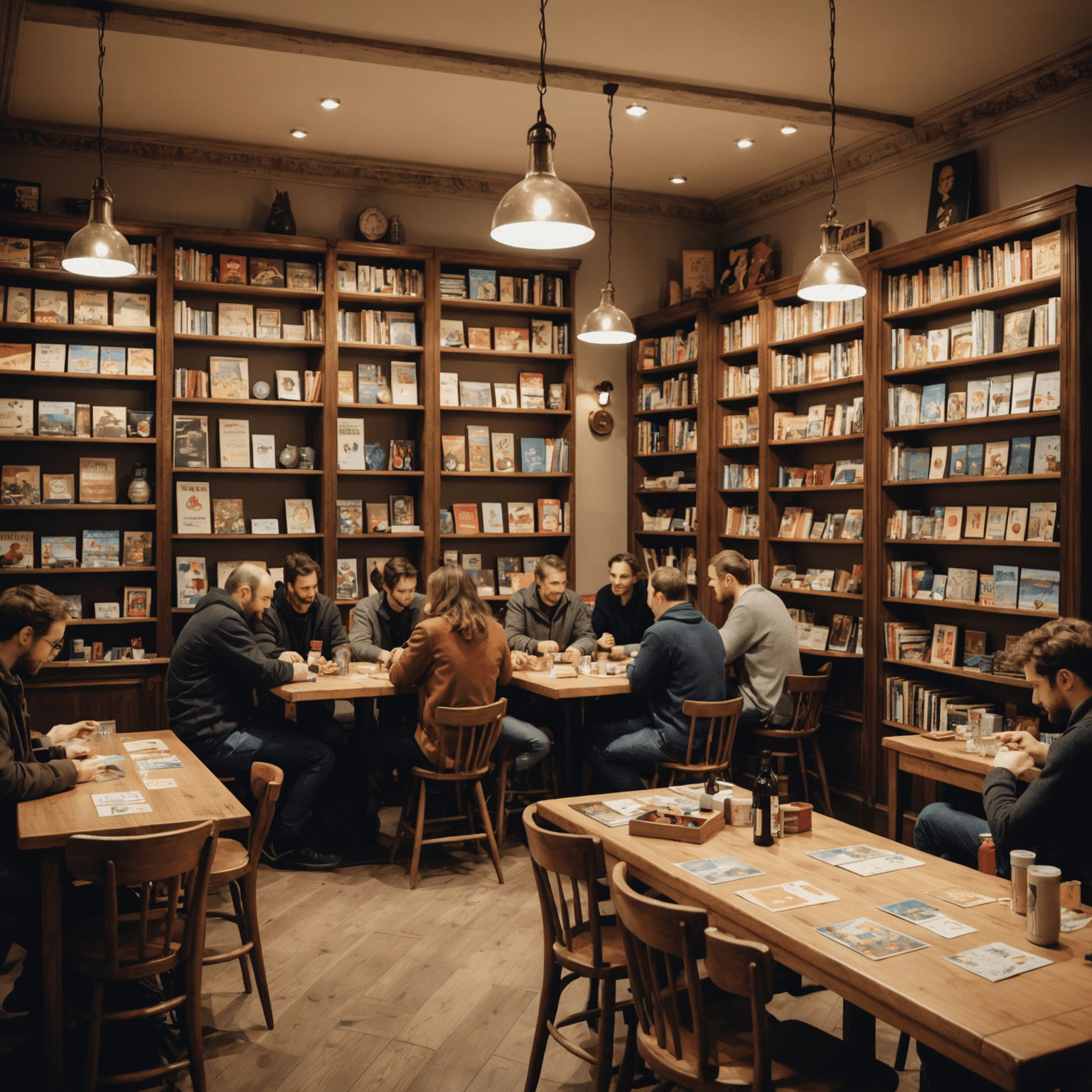 L'intérieur chaleureux d'un café-jeux parisien, avec des étagères remplies de jeux de société et des clients jouant à des tables