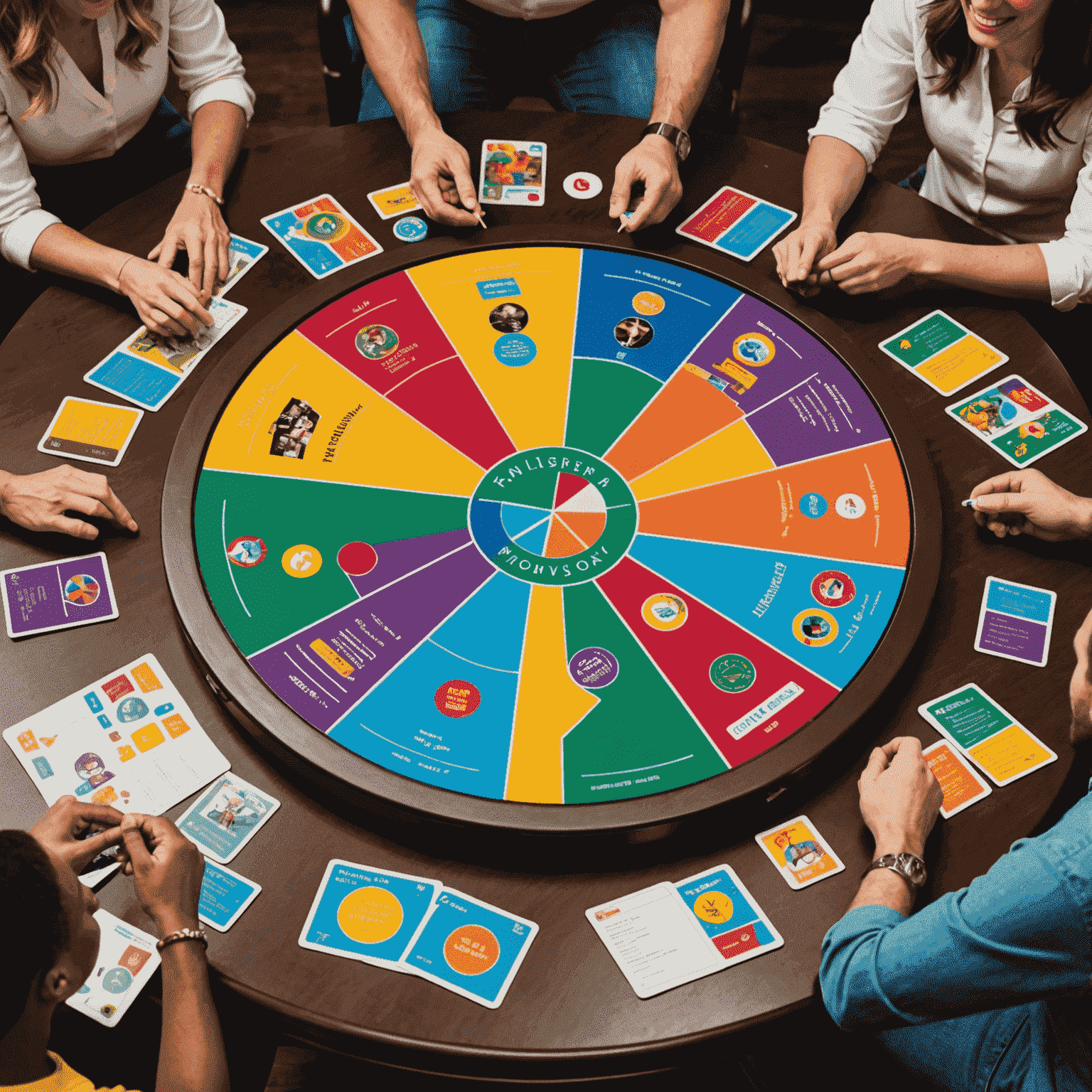 Une partie animée de Trivial Pursuit avec le plateau en forme de roue, des cartes de questions colorées et des joueurs discutant joyeusement autour de la table.